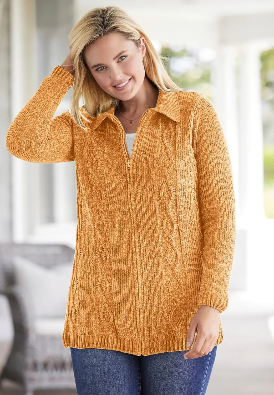 Woman Within Plus Size Chenille Zip Cable Cardigan