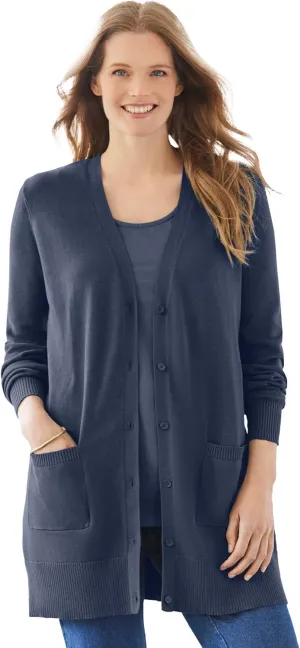 Woman Within Plus Size Perfect Longer-Length Cotton Cardigan