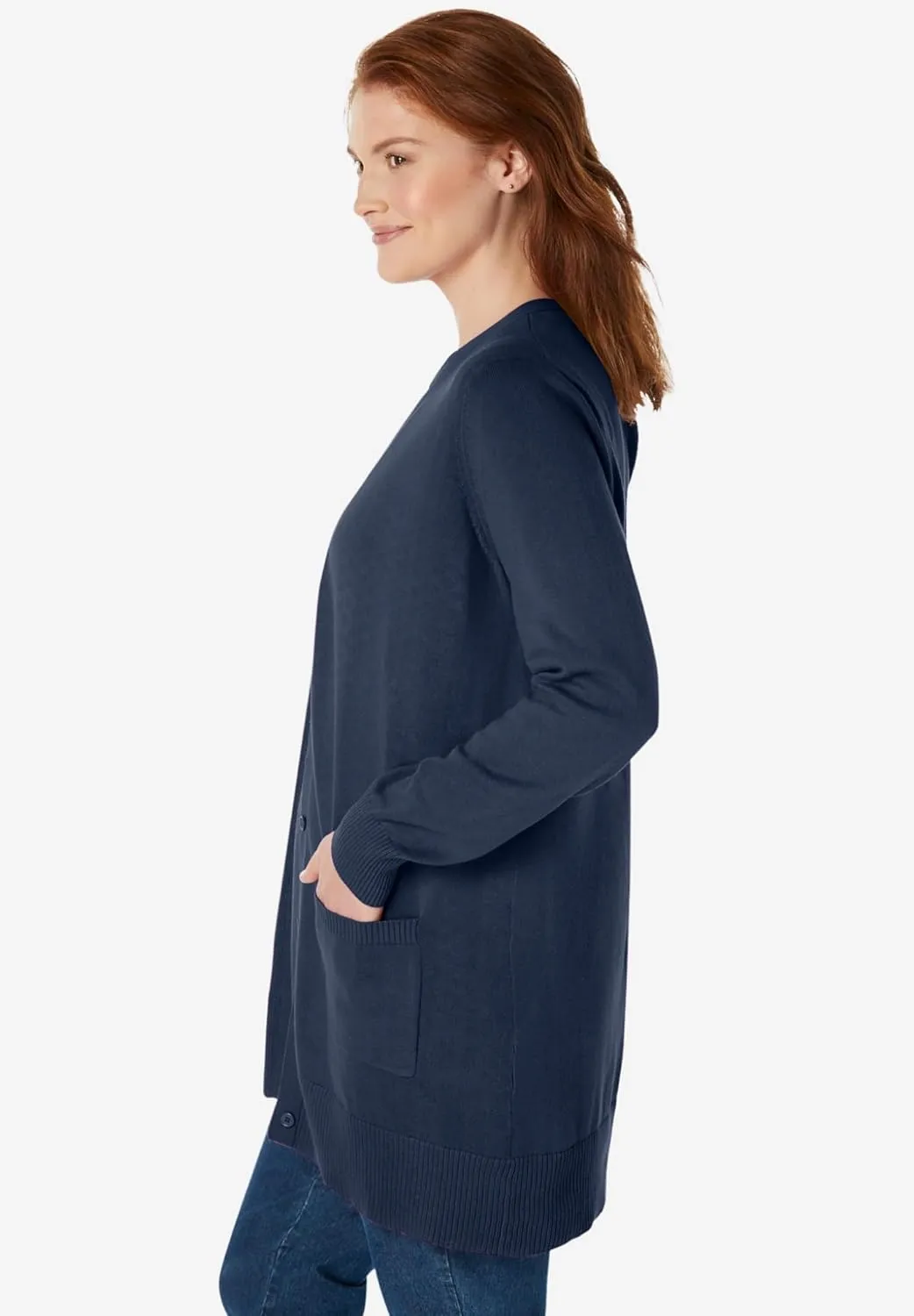 Woman Within Plus Size Perfect Longer-Length Cotton Cardigan