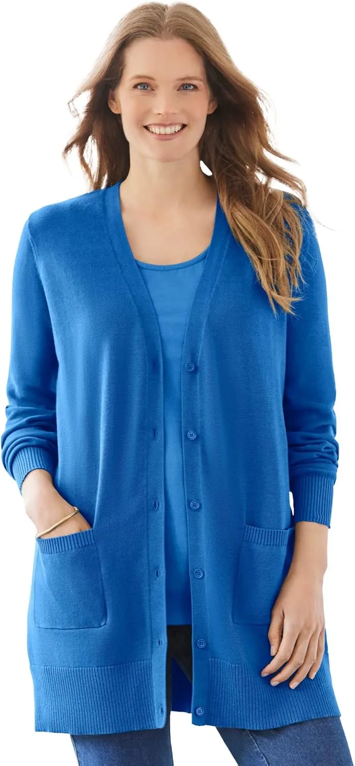 Woman Within Plus Size Perfect Longer-Length Cotton Cardigan
