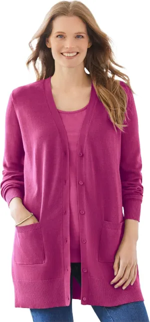 Woman Within Plus Size Perfect Longer-Length Cotton Cardigan