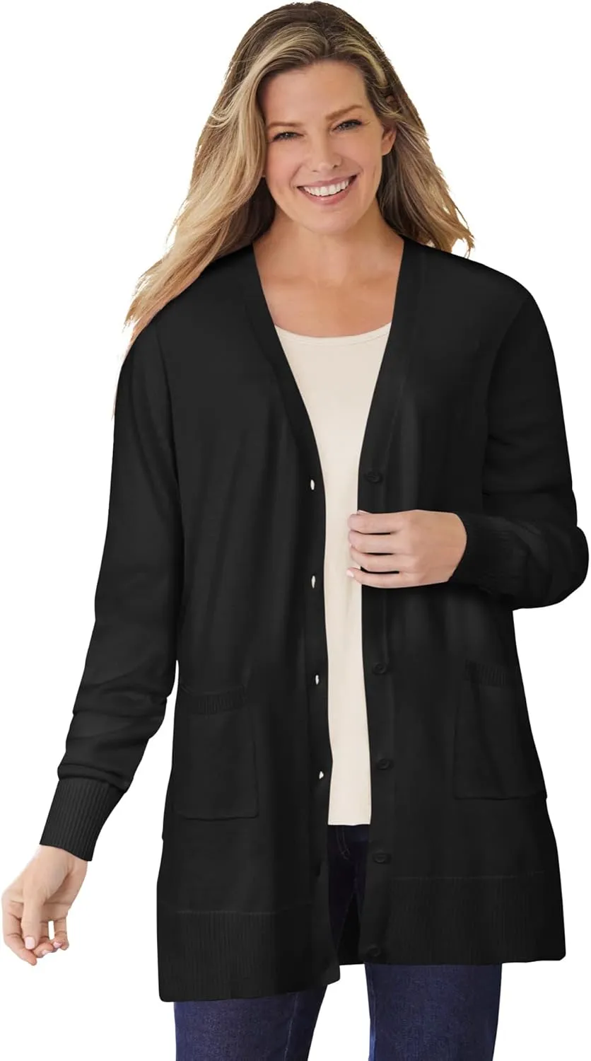 Woman Within Plus Size Perfect Longer-Length Cotton Cardigan
