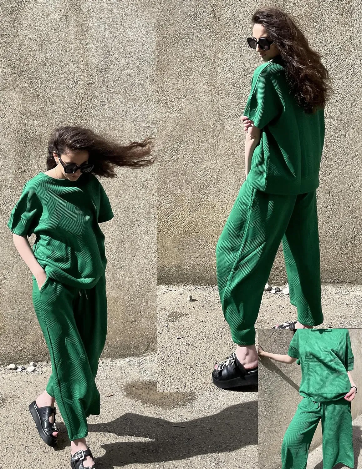 Women 2 Piece Outfits Sweatsuits Summer Lounge Set Casual Short Sleeve Pullover Tops And Drawstring Wide Leg Pants