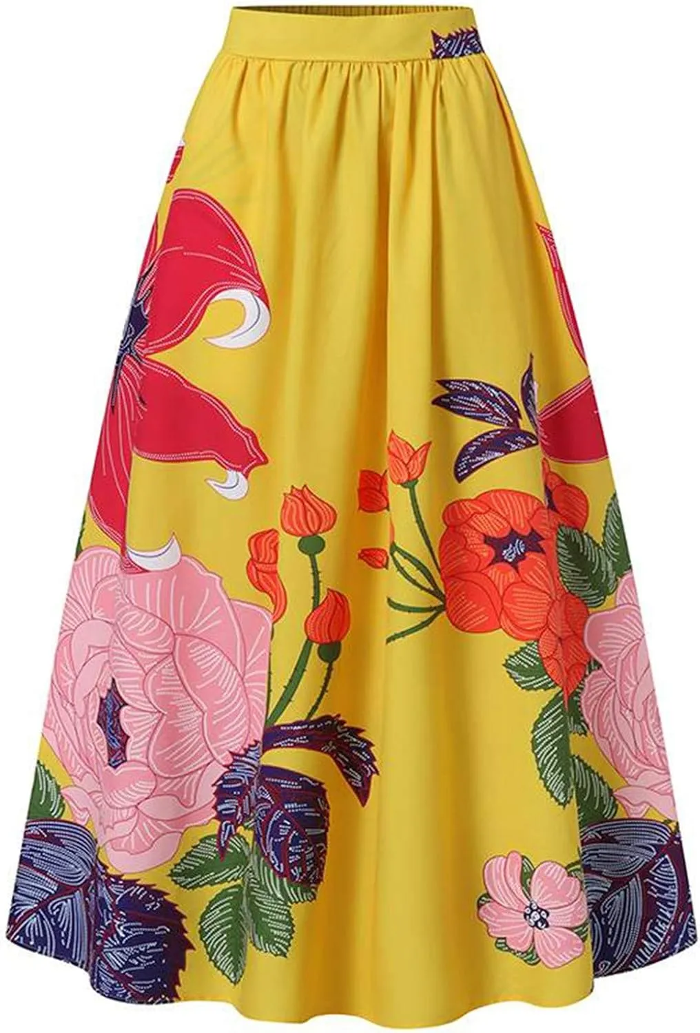 Women Bohemian Floral Print Maxi Skirt High Waist Pocket Party Beach Long Skirt Dresses for Women Midi Length