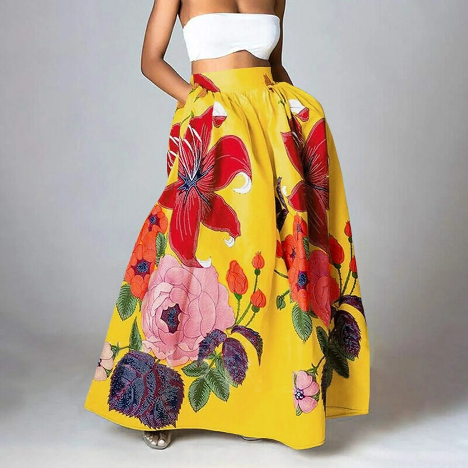 Women Bohemian Floral Print Maxi Skirt High Waist Pocket Party Beach Long Skirt Dresses for Women Midi Length