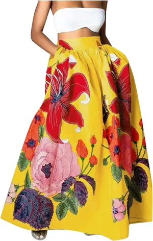 Women Bohemian Floral Print Maxi Skirt High Waist Pocket Party Beach Long Skirt Dresses for Women Midi Length