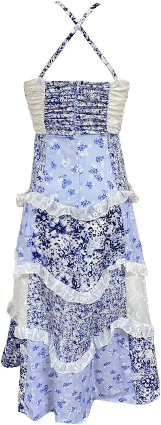 Women Boho Tie Shoulder Maxi Dress Y2k Floral Smocked Spaghetti Sleeveless Flowy Summer Lace Patchwork Beach Sundress