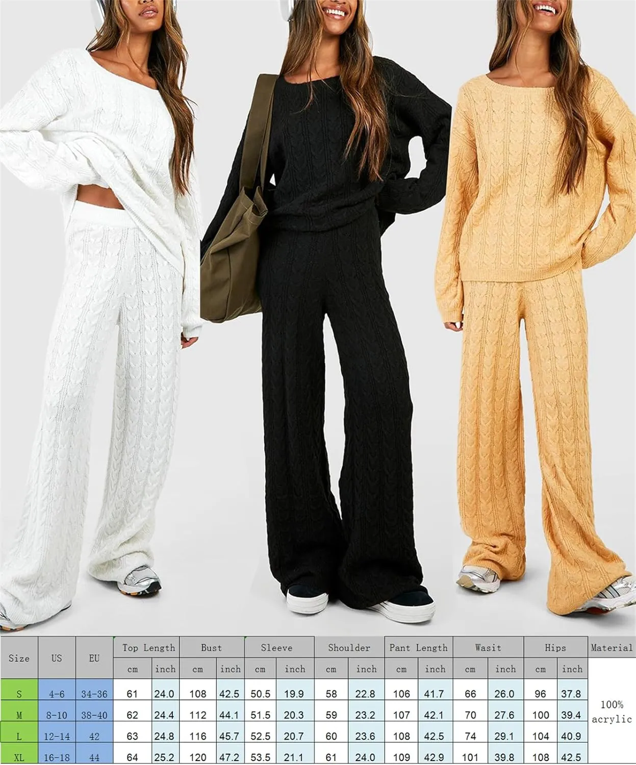 Women Cable Knit Two Piece Outfit Solid Color Long Sleeve Sweater Pullover Top Wide Leg Pants Casual Loose Loungewear