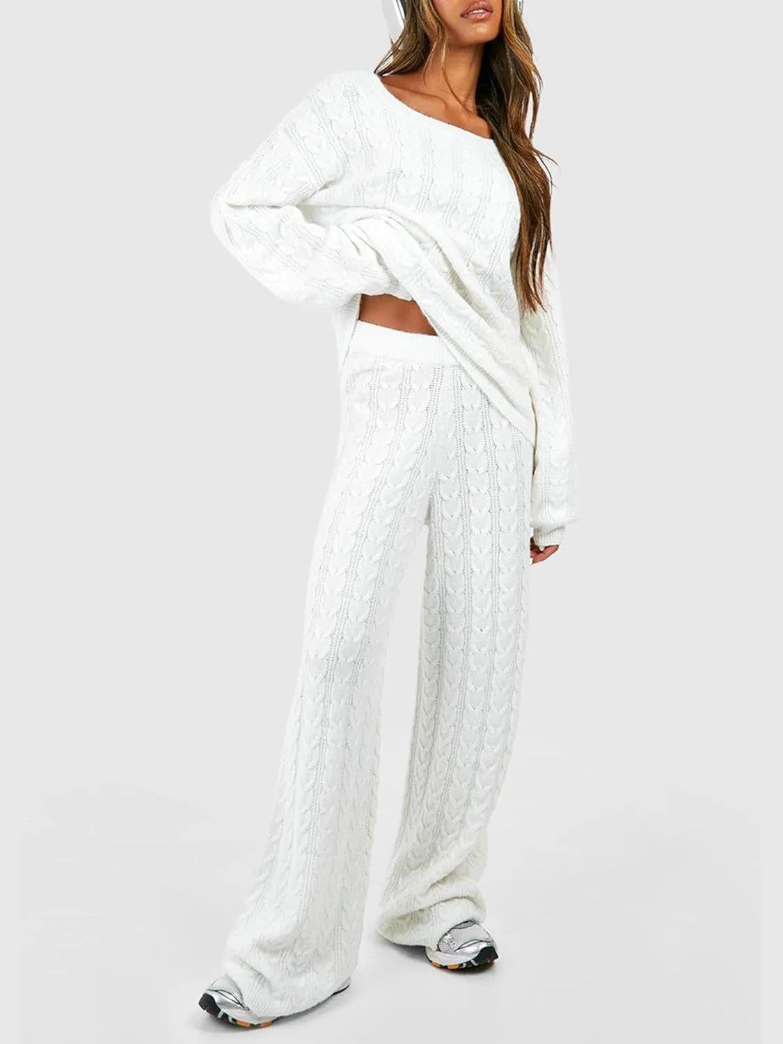 Women Cable Knit Two Piece Outfit Solid Color Long Sleeve Sweater Pullover Top Wide Leg Pants Casual Loose Loungewear