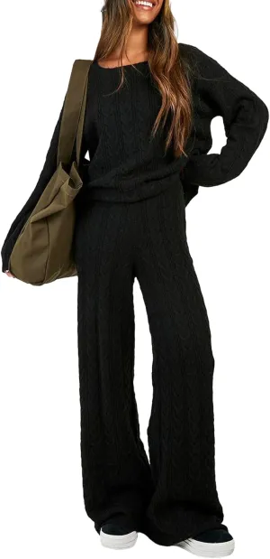 Women Cable Knit Two Piece Outfit Solid Color Long Sleeve Sweater Pullover Top Wide Leg Pants Casual Loose Loungewear