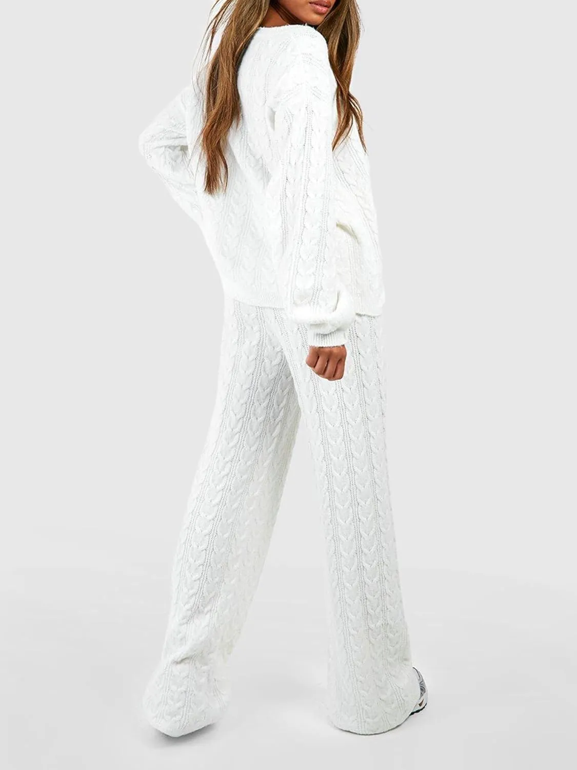 Women Cable Knit Two Piece Outfit Solid Color Long Sleeve Sweater Pullover Top Wide Leg Pants Casual Loose Loungewear