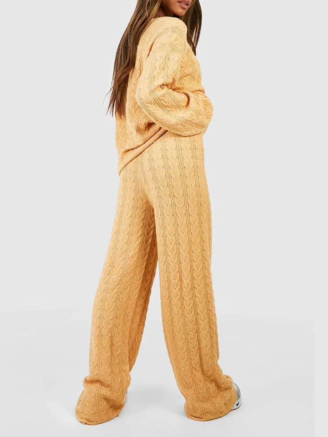 Women Cable Knit Two Piece Outfit Solid Color Long Sleeve Sweater Pullover Top Wide Leg Pants Casual Loose Loungewear