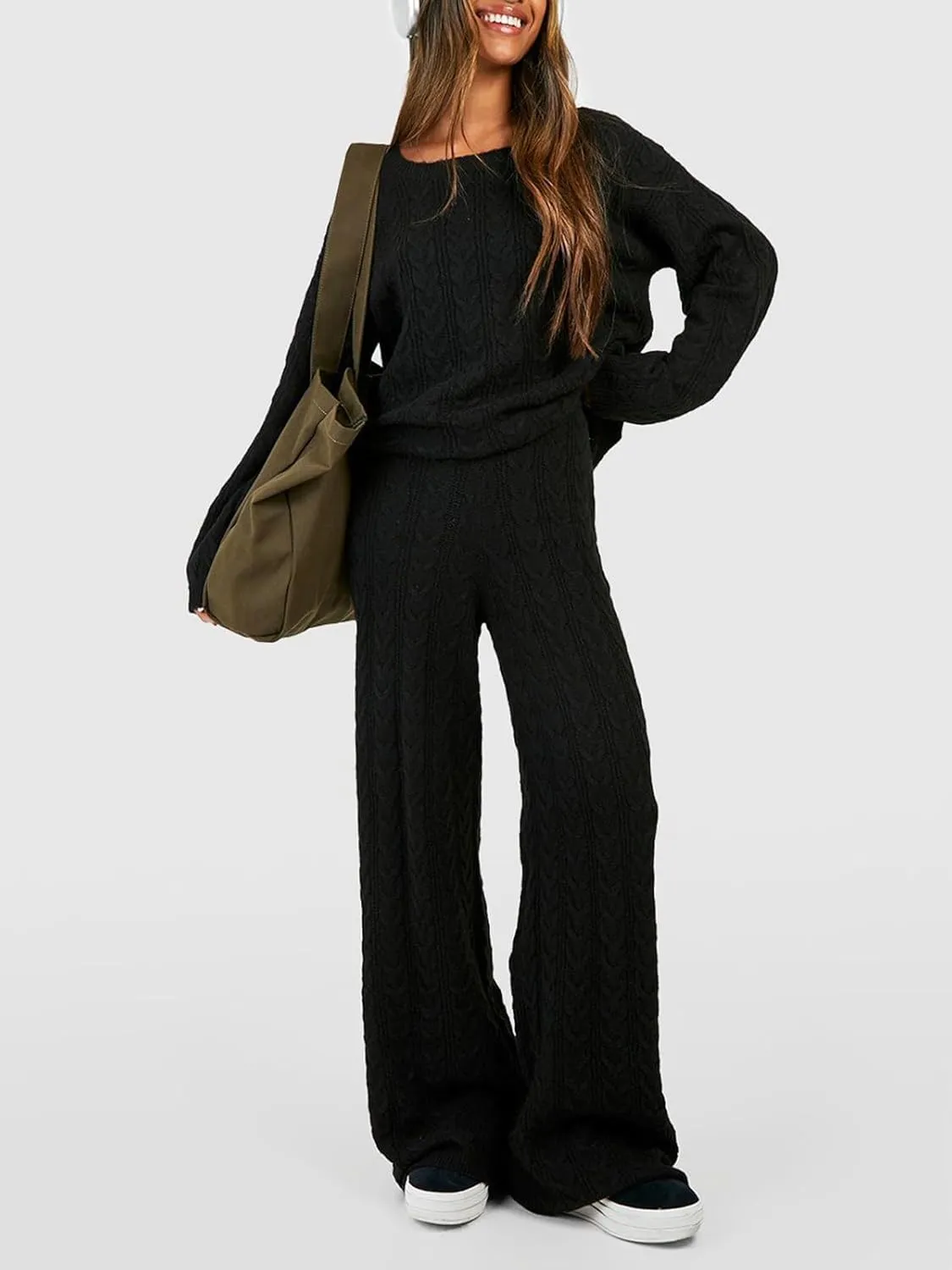 Women Cable Knit Two Piece Outfit Solid Color Long Sleeve Sweater Pullover Top Wide Leg Pants Casual Loose Loungewear