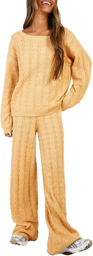 Women Cable Knit Two Piece Outfit Solid Color Long Sleeve Sweater Pullover Top Wide Leg Pants Casual Loose Loungewear