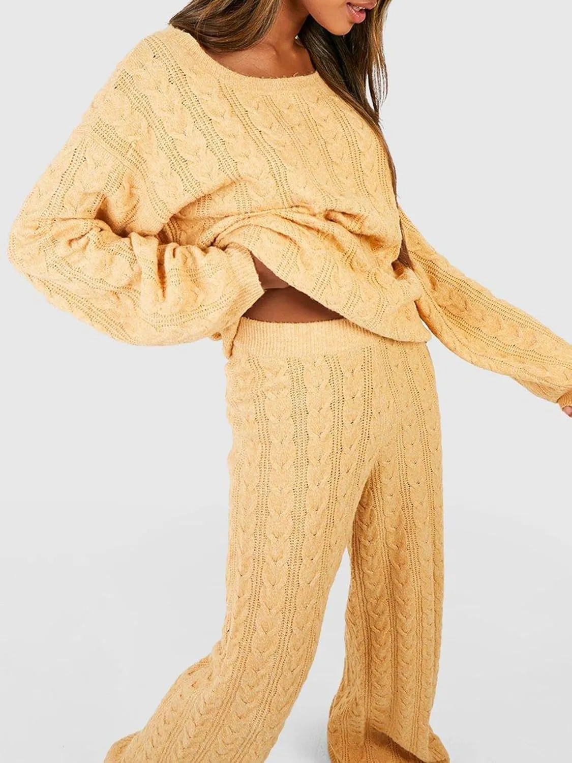 Women Cable Knit Two Piece Outfit Solid Color Long Sleeve Sweater Pullover Top Wide Leg Pants Casual Loose Loungewear