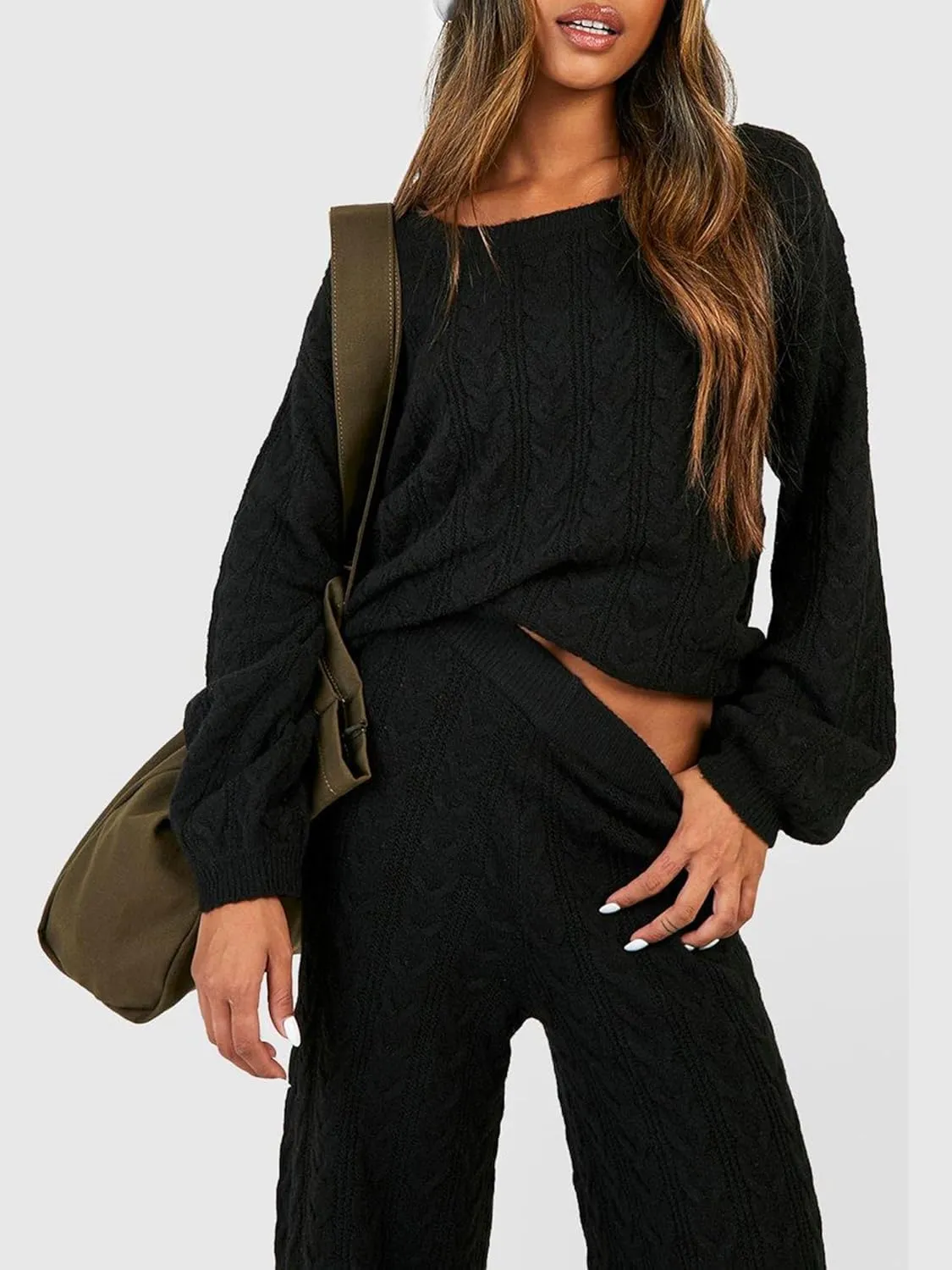 Women Cable Knit Two Piece Outfit Solid Color Long Sleeve Sweater Pullover Top Wide Leg Pants Casual Loose Loungewear