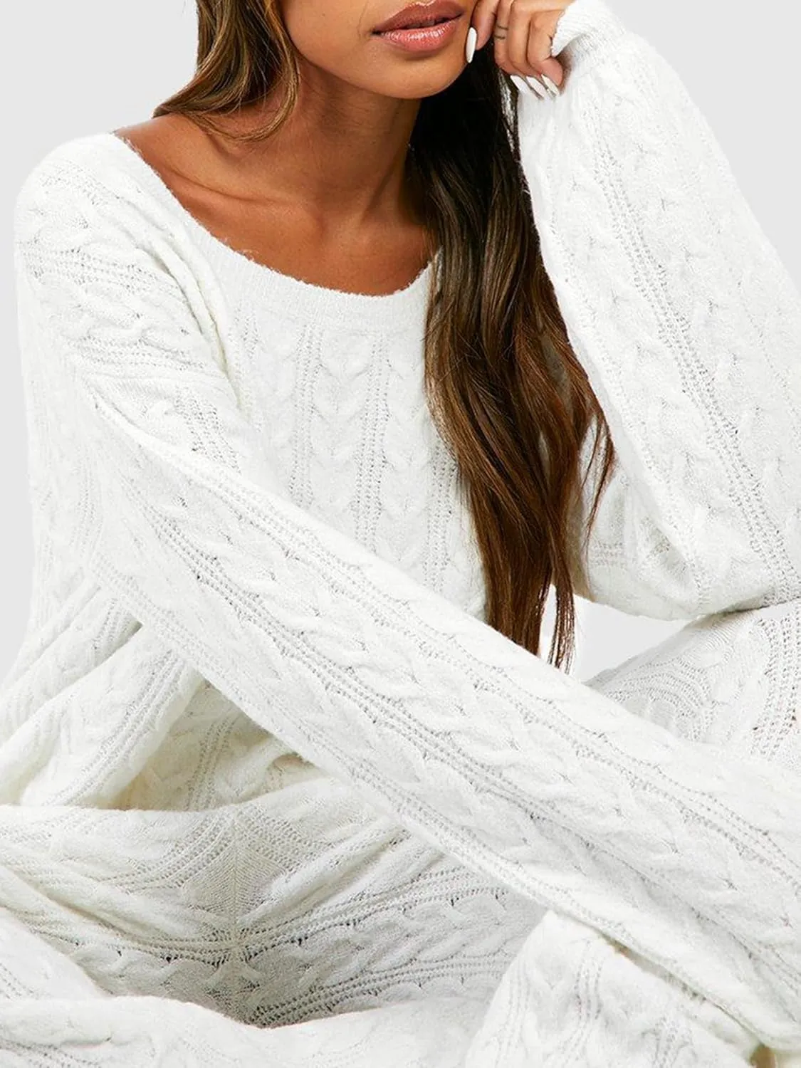Women Cable Knit Two Piece Outfit Solid Color Long Sleeve Sweater Pullover Top Wide Leg Pants Casual Loose Loungewear