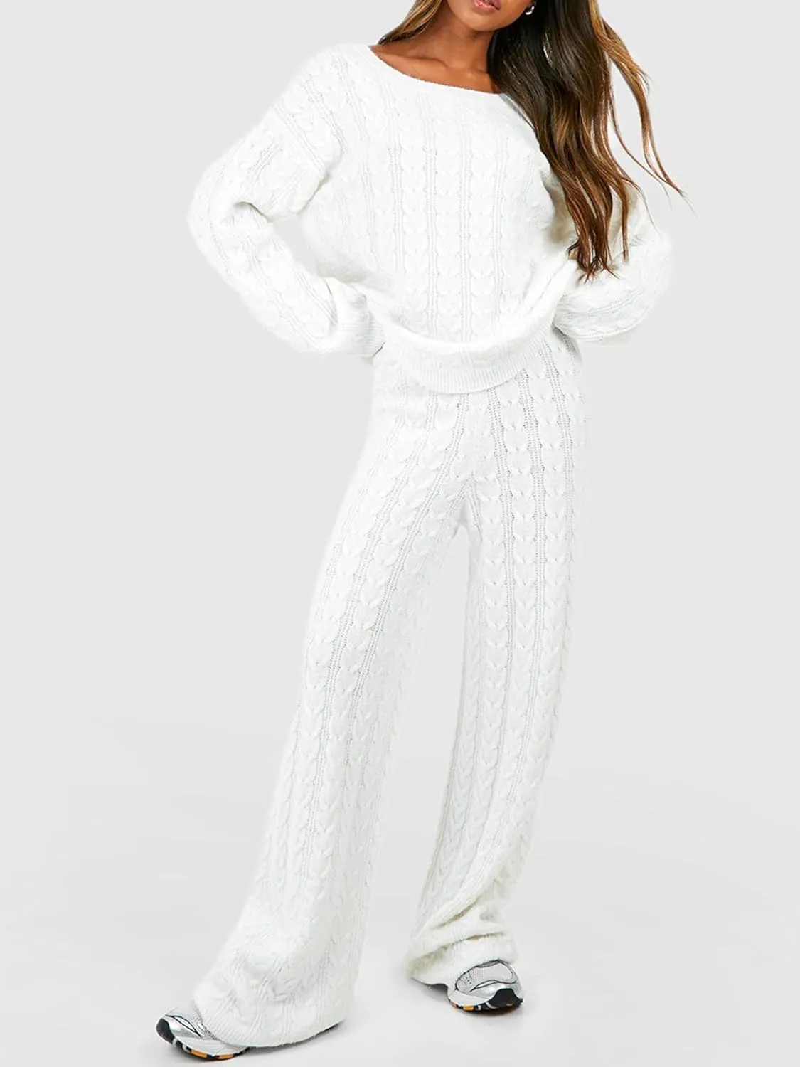 Women Cable Knit Two Piece Outfit Solid Color Long Sleeve Sweater Pullover Top Wide Leg Pants Casual Loose Loungewear