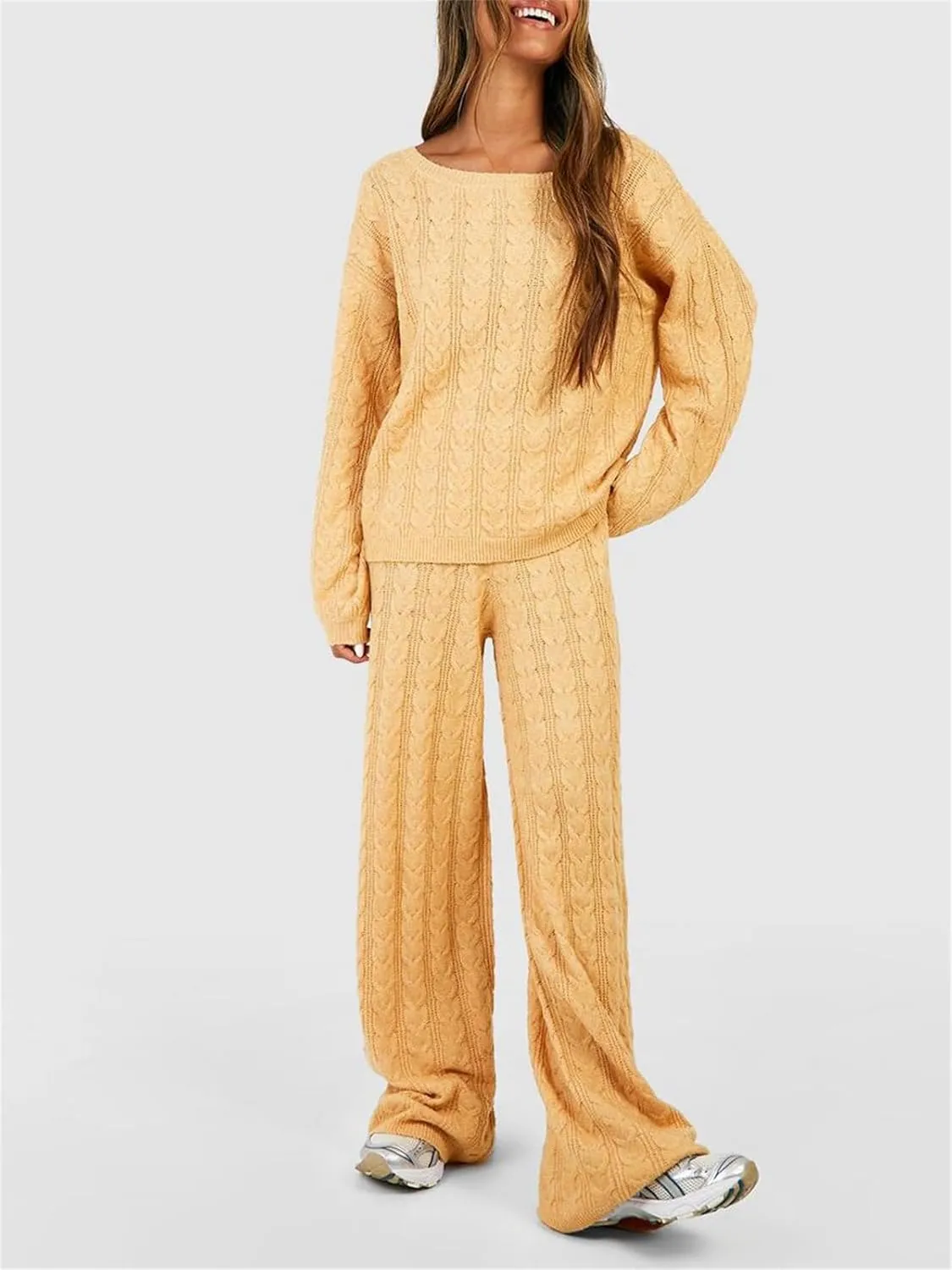 Women Cable Knit Two Piece Outfit Solid Color Long Sleeve Sweater Pullover Top Wide Leg Pants Casual Loose Loungewear