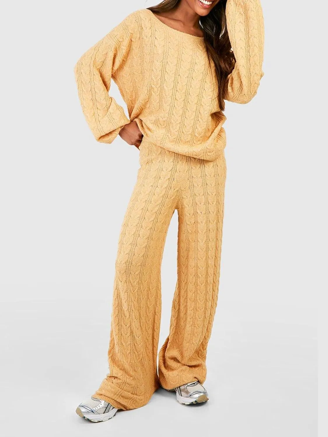 Women Cable Knit Two Piece Outfit Solid Color Long Sleeve Sweater Pullover Top Wide Leg Pants Casual Loose Loungewear