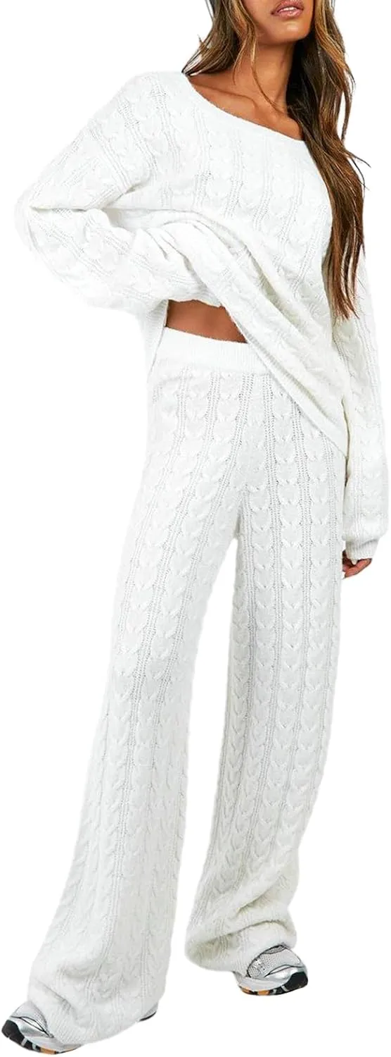 Women Cable Knit Two Piece Outfit Solid Color Long Sleeve Sweater Pullover Top Wide Leg Pants Casual Loose Loungewear
