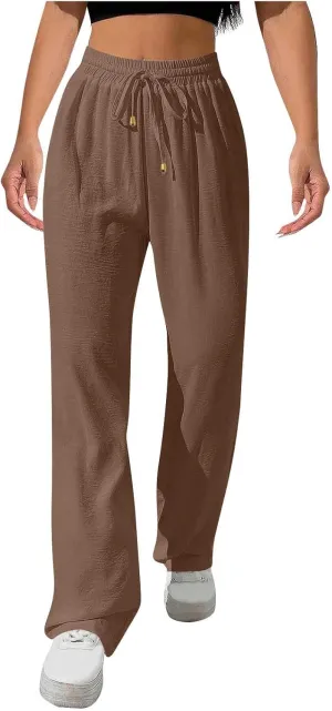 Women Cotton Linen Pant, Summer Loose Breathable Business Work Casual Clothes Elastic Waist Drawstring Pockets Trousers