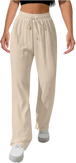 Women Cotton Linen Pant, Summer Loose Breathable Business Work Casual Clothes Elastic Waist Drawstring Pockets Trousers