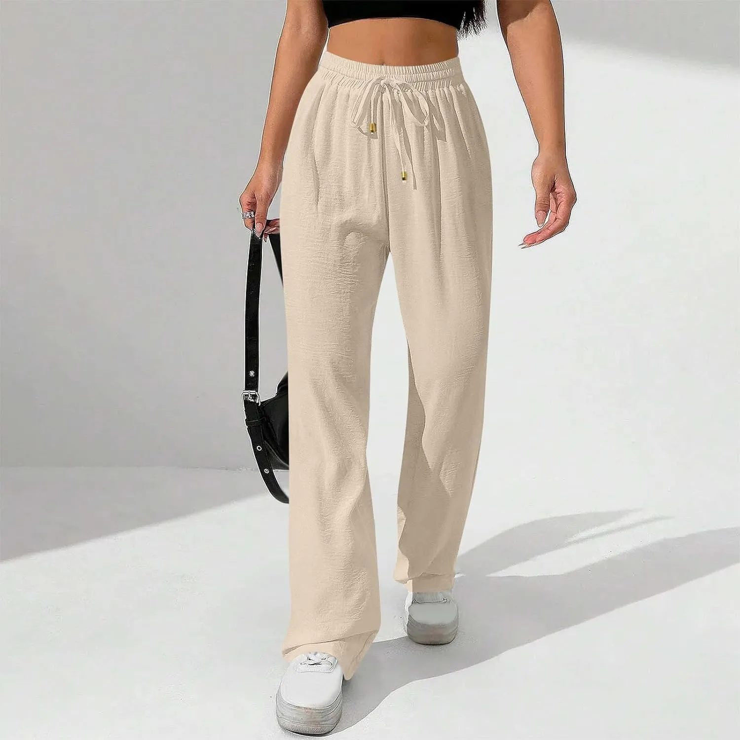 Women Cotton Linen Pant, Summer Loose Breathable Business Work Casual Clothes Elastic Waist Drawstring Pockets Trousers