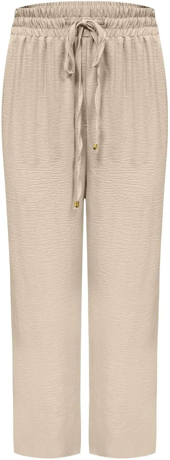 Women Cotton Linen Pant, Summer Loose Breathable Business Work Casual Clothes Elastic Waist Drawstring Pockets Trousers