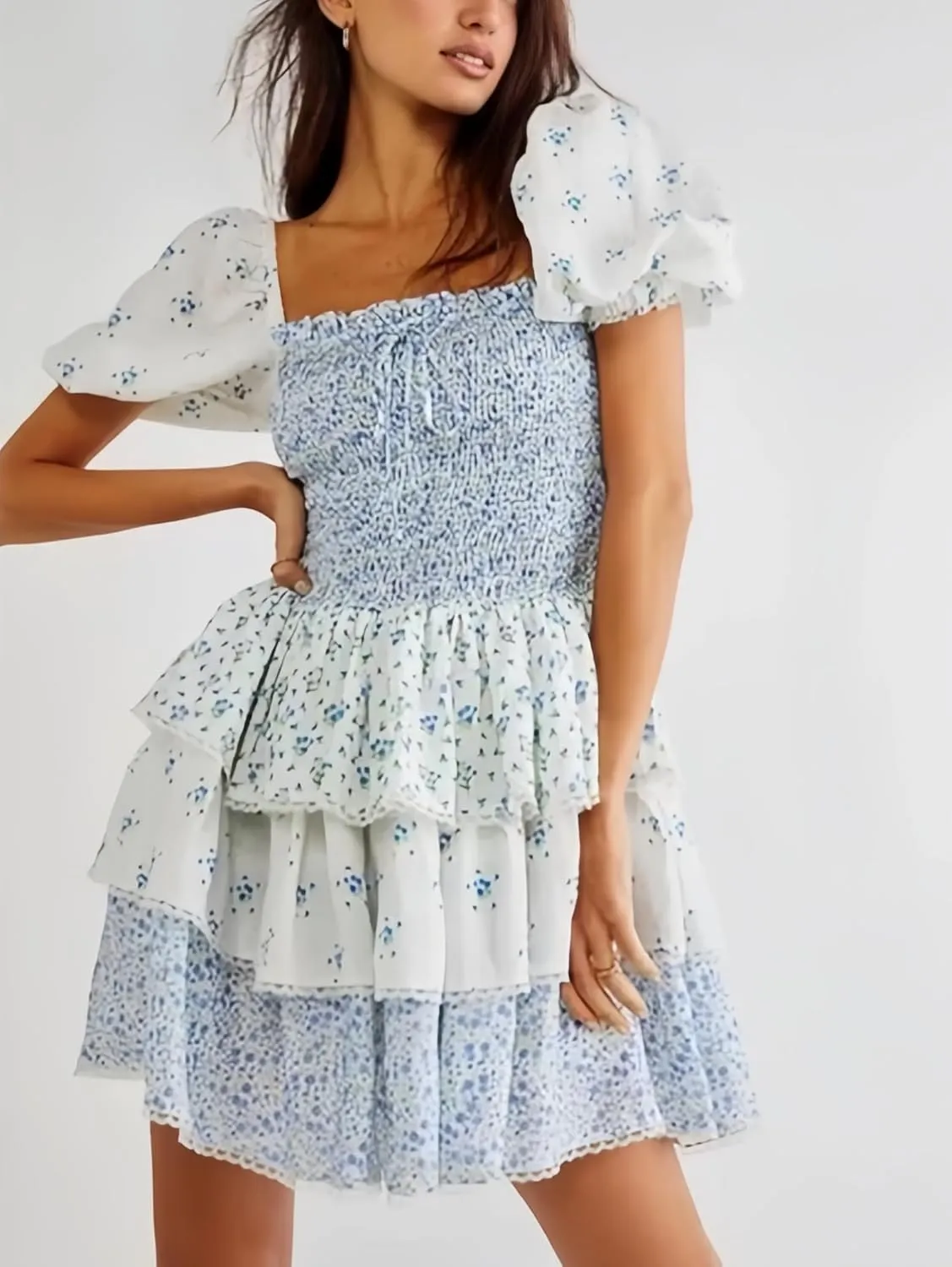 Women Floral Patchwork Mini Dress Y2k Tiered Ruffle Short Dresses Puff Sleeve Corset Layered Beach Sundress