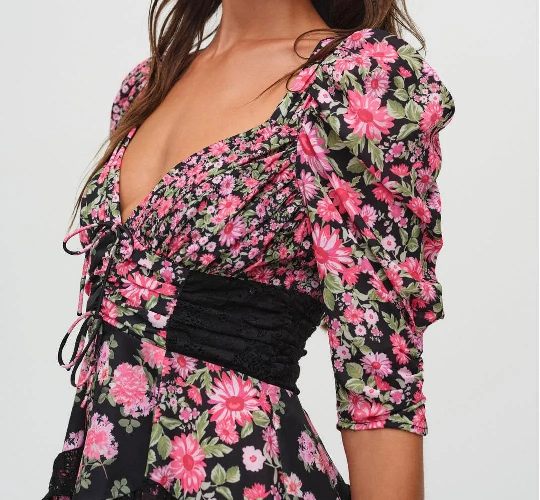 Women Floral Patchwork Mini Dress Y2k Tiered Ruffle Short Dresses Puff Sleeve Corset Layered Beach Sundress