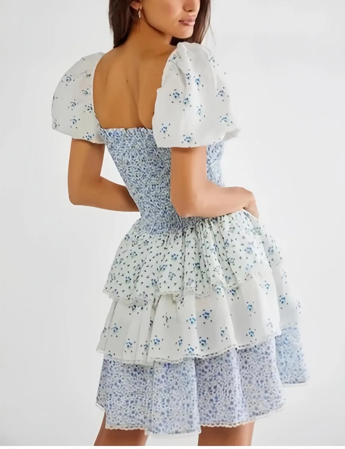 Women Floral Patchwork Mini Dress Y2k Tiered Ruffle Short Dresses Puff Sleeve Corset Layered Beach Sundress
