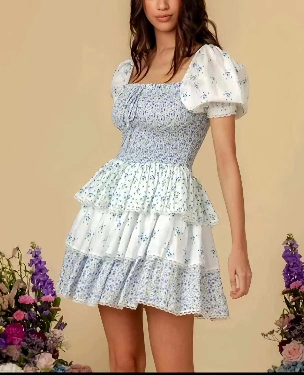 Women Floral Patchwork Mini Dress Y2k Tiered Ruffle Short Dresses Puff Sleeve Corset Layered Beach Sundress