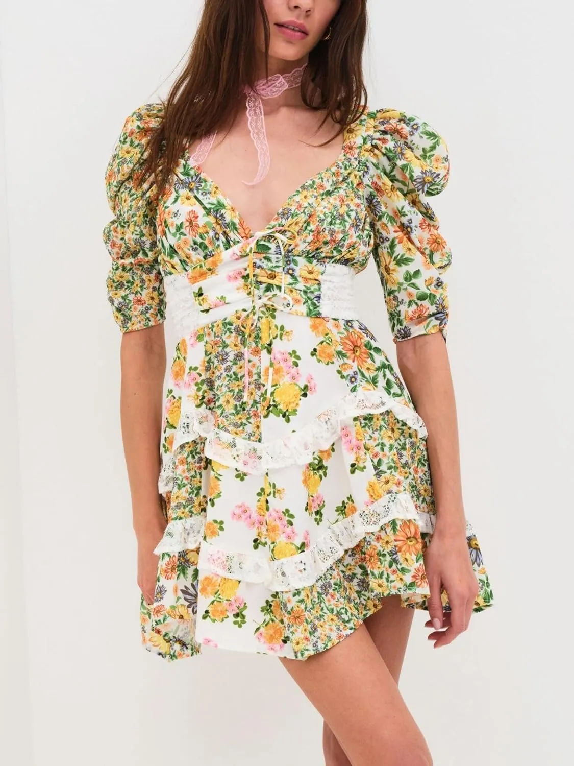 Women Floral Patchwork Mini Dress Y2k Tiered Ruffle Short Dresses Puff Sleeve Corset Layered Beach Sundress