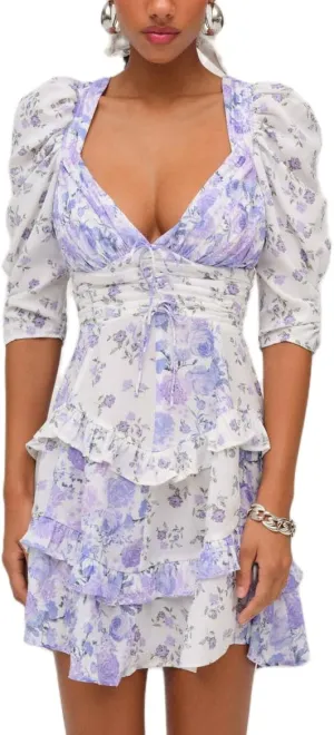 Women Floral Patchwork Mini Dress Y2k Tiered Ruffle Short Dresses Puff Sleeve Corset Layered Beach Sundress
