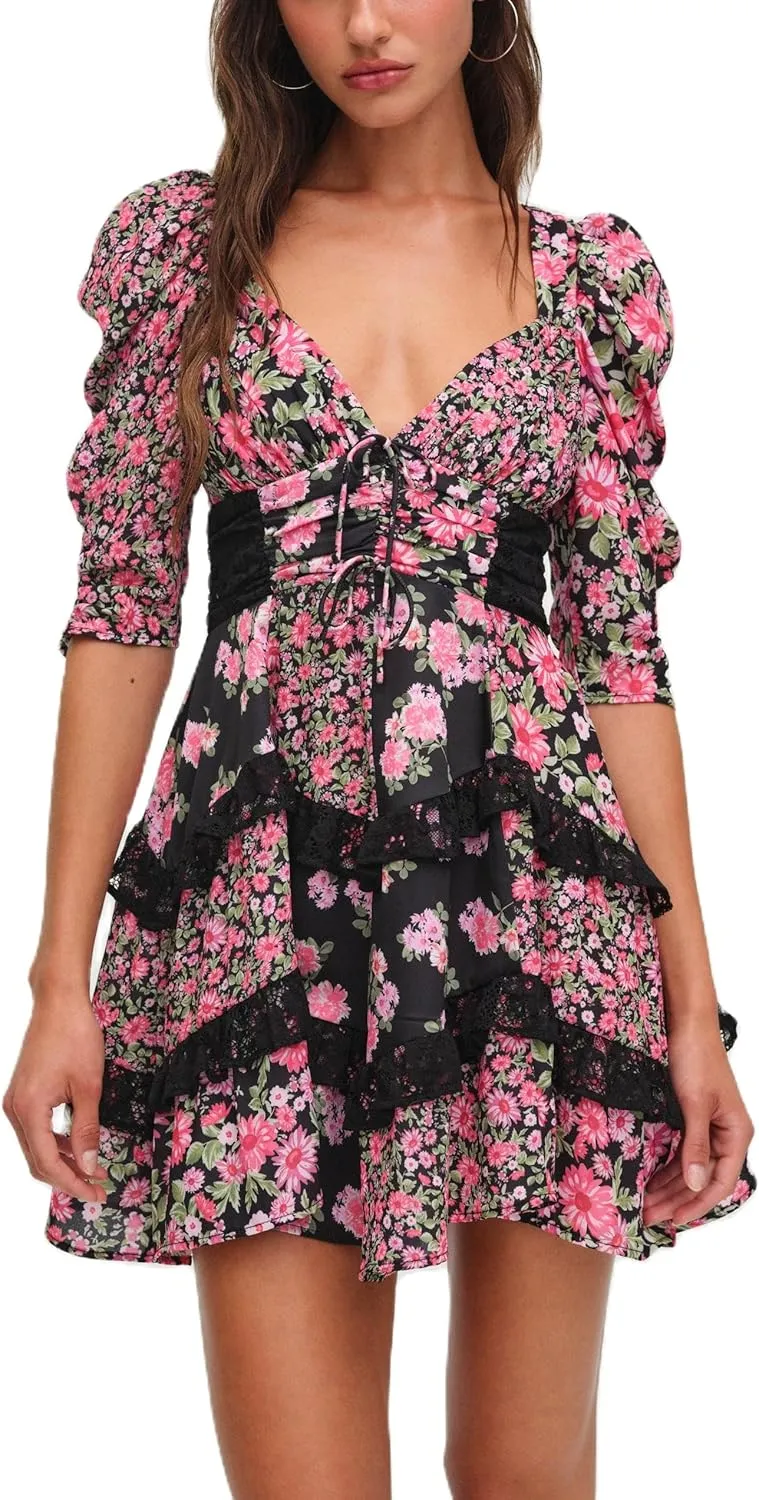 Women Floral Patchwork Mini Dress Y2k Tiered Ruffle Short Dresses Puff Sleeve Corset Layered Beach Sundress