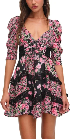 Women Floral Patchwork Mini Dress Y2k Tiered Ruffle Short Dresses Puff Sleeve Corset Layered Beach Sundress