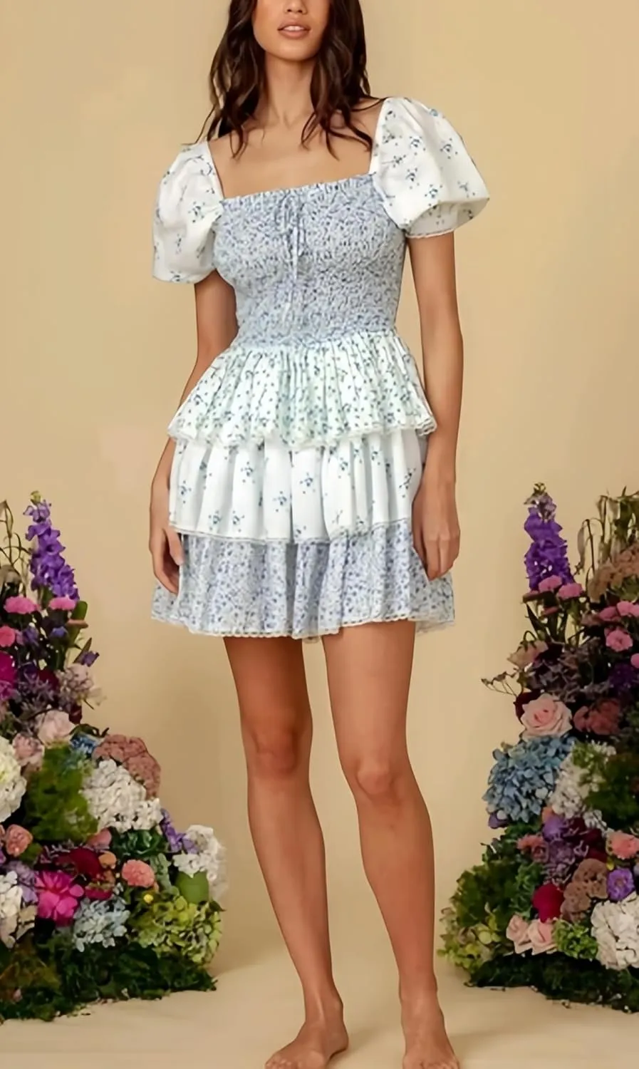 Women Floral Patchwork Mini Dress Y2k Tiered Ruffle Short Dresses Puff Sleeve Corset Layered Beach Sundress