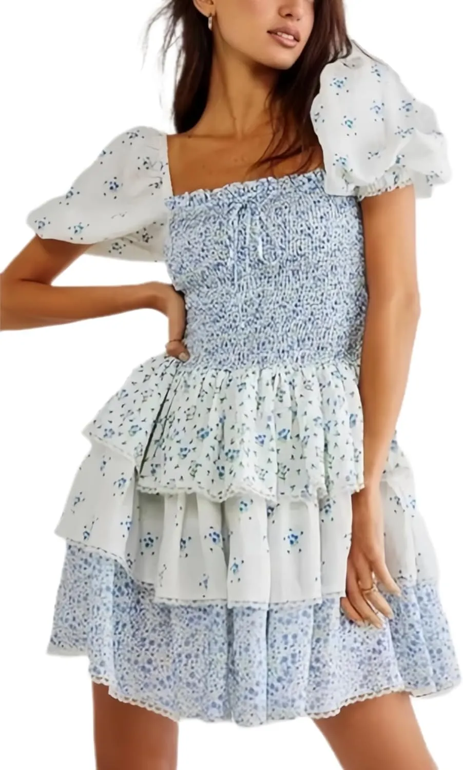 Women Floral Patchwork Mini Dress Y2k Tiered Ruffle Short Dresses Puff Sleeve Corset Layered Beach Sundress