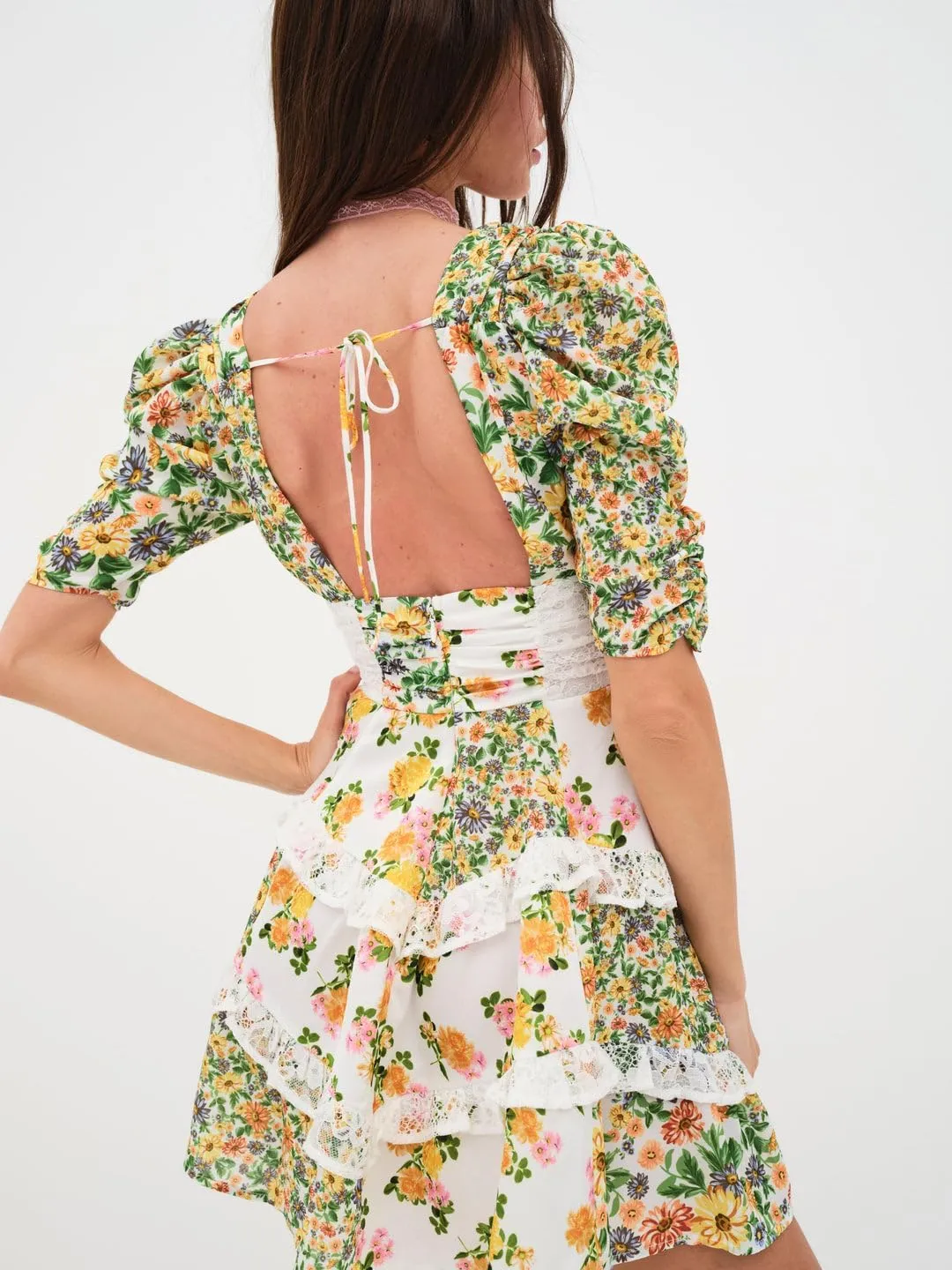 Women Floral Patchwork Mini Dress Y2k Tiered Ruffle Short Dresses Puff Sleeve Corset Layered Beach Sundress
