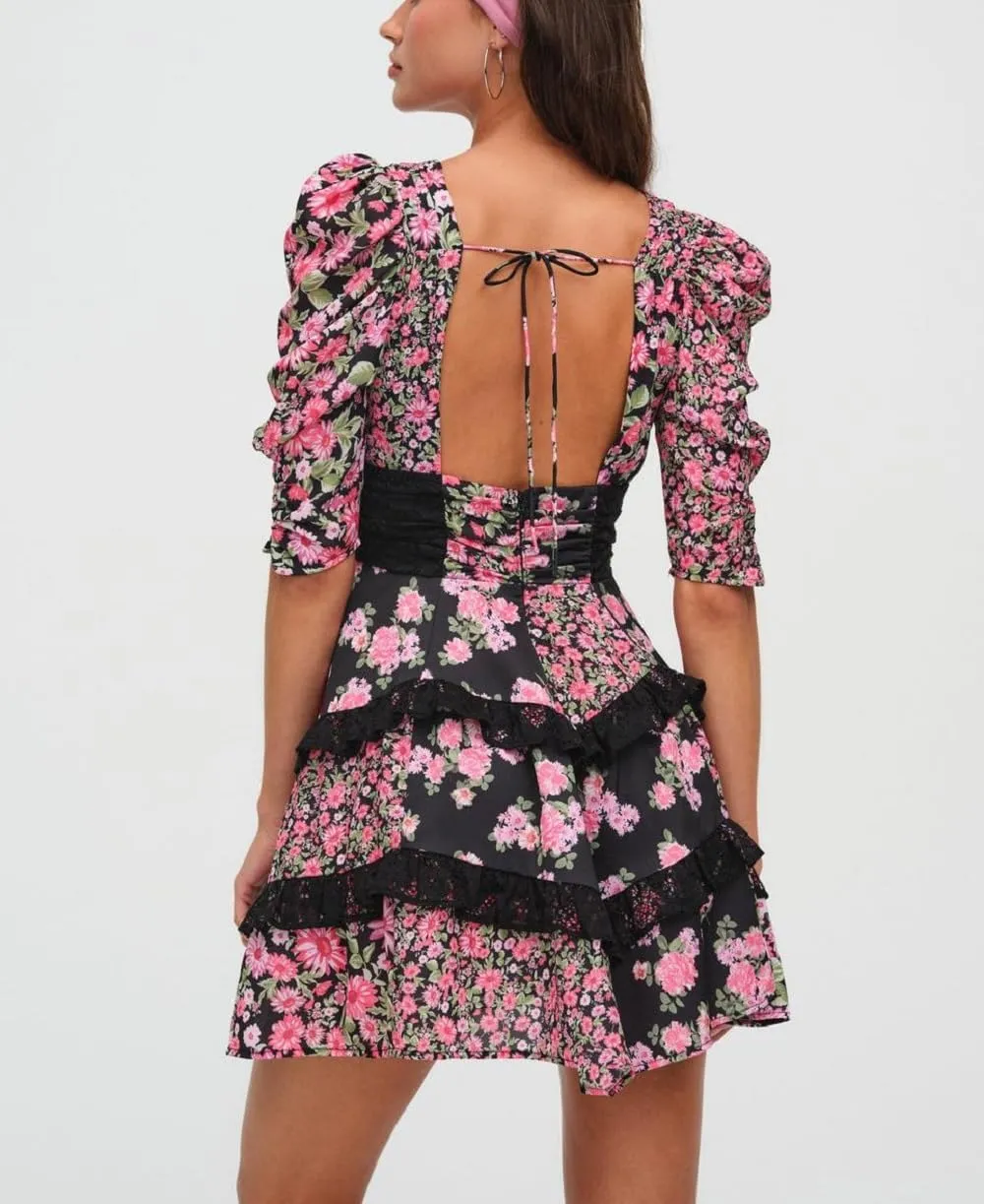 Women Floral Patchwork Mini Dress Y2k Tiered Ruffle Short Dresses Puff Sleeve Corset Layered Beach Sundress