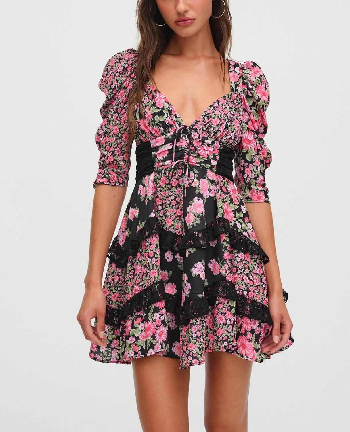 Women Floral Patchwork Mini Dress Y2k Tiered Ruffle Short Dresses Puff Sleeve Corset Layered Beach Sundress