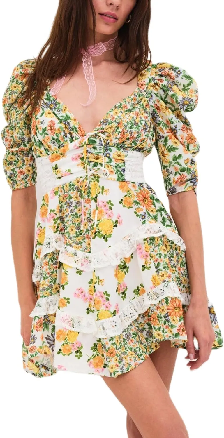 Women Floral Patchwork Mini Dress Y2k Tiered Ruffle Short Dresses Puff Sleeve Corset Layered Beach Sundress