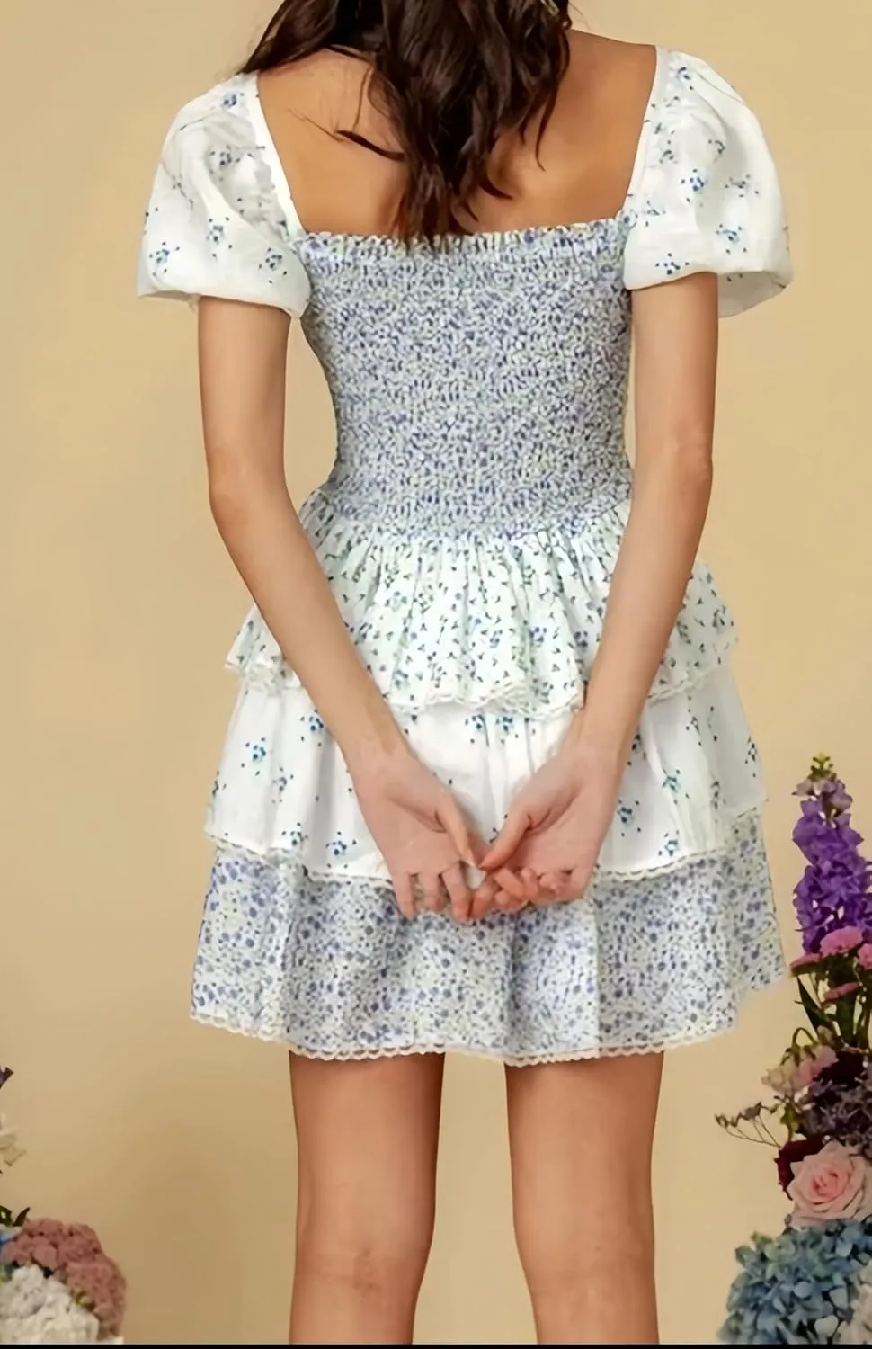 Women Floral Patchwork Mini Dress Y2k Tiered Ruffle Short Dresses Puff Sleeve Corset Layered Beach Sundress