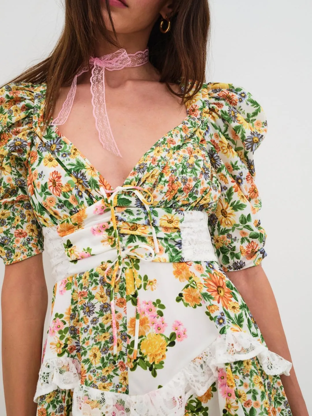 Women Floral Patchwork Mini Dress Y2k Tiered Ruffle Short Dresses Puff Sleeve Corset Layered Beach Sundress