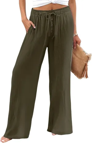 Women Linen Palazzo Pants Wide Leg Flowy Hem Pant Beach Vacation Clothes Casual Lounge Outfits