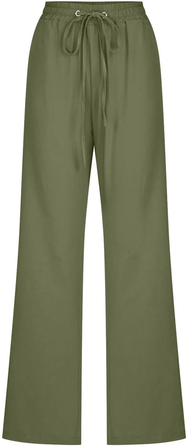 Women Linen Pant Straight Leg Drawstrings High Waist Trousers 2025 Summer Casual Lightweight Breathable Joggers Pants