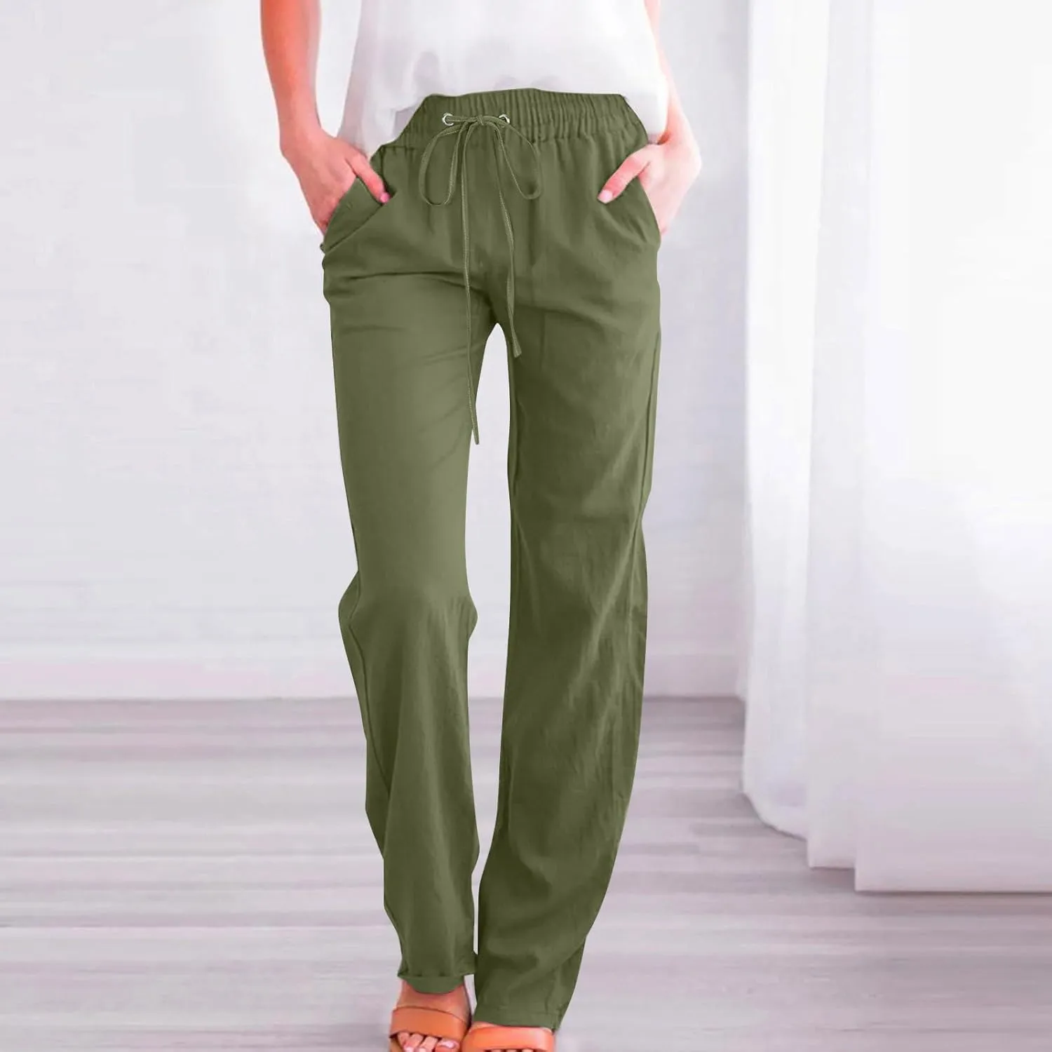 Women Linen Pant Straight Leg Drawstrings High Waist Trousers 2025 Summer Casual Lightweight Breathable Joggers Pants