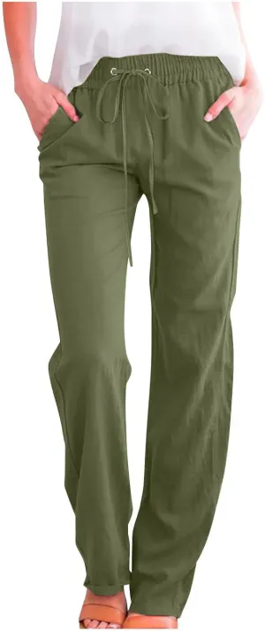 Women Linen Pant Straight Leg Drawstrings High Waist Trousers 2025 Summer Casual Lightweight Breathable Joggers Pants