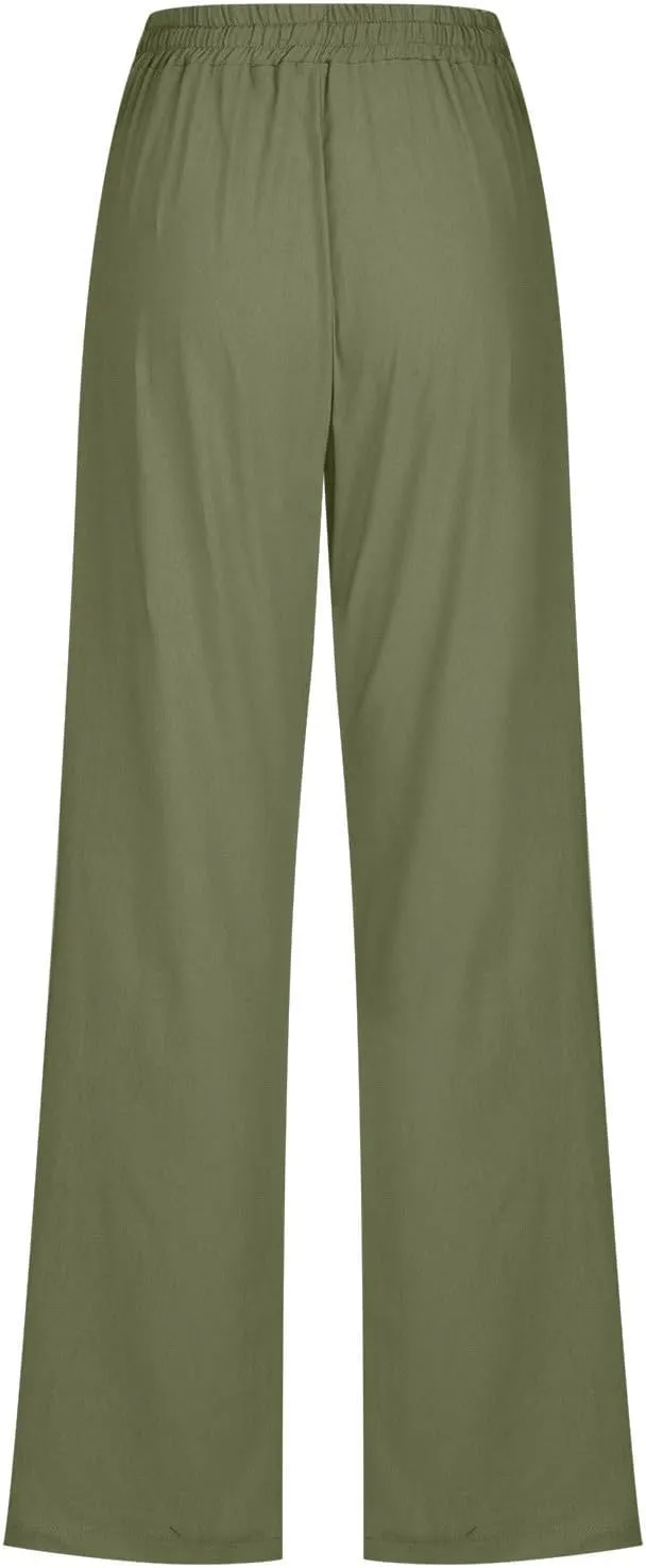Women Linen Pant Straight Leg Drawstrings High Waist Trousers 2025 Summer Casual Lightweight Breathable Joggers Pants